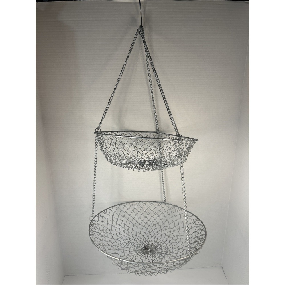 2-Tier Kitchen Hanging Fruit Basket Wire Hanging Collapsible Basket Read Vtg